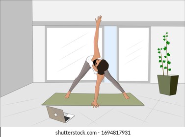 Girl doing yoga at home. Yoga online on the laptop. Healthy lifestyle and home yoga concept in interior. Stock vector illustration.