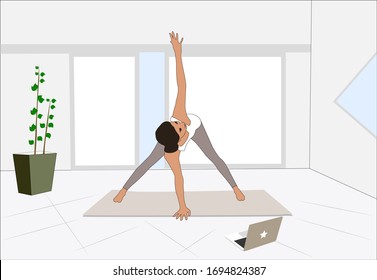 Girl doing yoga at home. Yoga online on the laptop. Healthy lifestyle and home yoga concept in interior. Stock vector illustration.