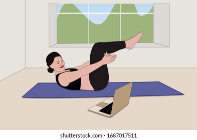 Girl doing yoga at home vector illustration. Yoga online on the laptop. Woman  in pose and breathing. Healthy lifestyle and home yoga concept in interior
