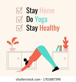 girl doing yoga at home vector illustration, stay home concept, quarantine days,girl doing yoga at home on the quarantine, vector illustration eps 10, stay home, do yoga concept illustration