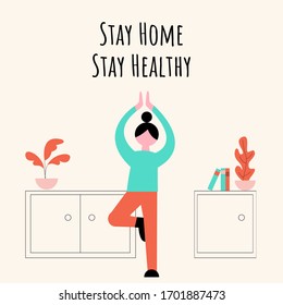 girl doing yoga at home vector illustration, stay home concept, quarantine days,girl doing yoga at home on the quarantine, vector illustration eps 10, stay home, stay healthy concept illustration