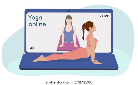 Girl doing yoga at home vector illustration. Yoga online on the laptop