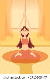 Girl doing yoga (lotus pose) in the morning. Flat vector illustration