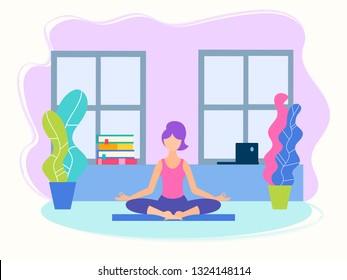 Girl doing yoga in Lotus position at home between study and work Yoga fitness concept Vector illustration 