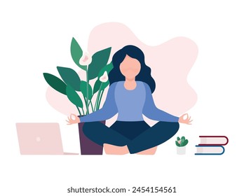 Chica haciendo yoga en Lotus posición en casa entre el estudio y el trabajo Yoga concepto de fitness Ilustración vectorial