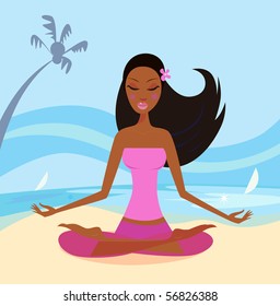 Girl doing yoga lotus position on the beach. Beauty girl practicing yoga lotus position on the sunny beach. Blue ocean behind the girl. Vector illustration