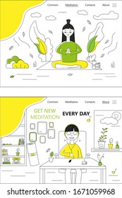 Girl is doing yoga and meditate in a park. Woman listen music at home. Work life balance. Meditation concept. Vector web site design template. Landing page website illustration.