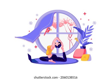 Girl doing yoga and meditation in the home Illustration concept. Flat illustration isolated on white background.