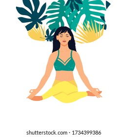 Girl doing yoga. Meditation, relaxation. Fitness healthy lifestyle. Flat vector illustration.