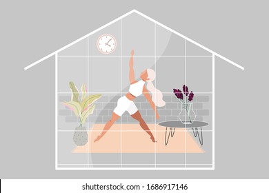 Girl doing yoga. Modern illustration of a woman doing yoga in the living room. House silhouette. Beautiful contemporary interior design. Cozy living and self isolation concept. Quarantine.