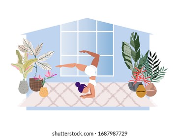 Girl doing yoga. Modern illustration of a woman doing yoga in the living room. House silhouette. Beautiful contemporary interior design. Cozy living and self isolation concept. Quarantine.