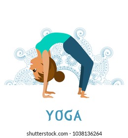 Girl doing yoga on the background of blue mandala. One of the poses of a set of exercises. An isolated figure. Vector.