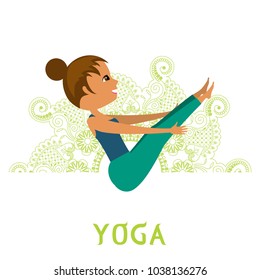 Girl doing yoga on the background of green mandala. One of the poses of a set of exercises. An isolated figure. Vector.