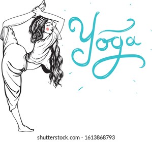 girl doing yoga on a background with lettering turquoise yoga color