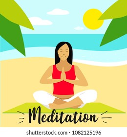 Girl doing yoga on the beach. Meditation on the shore of the ocean. Summer. Vector illustration