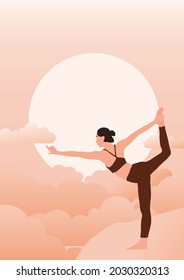 A girl doing yoga on the edge of a cliff, Abstract woman stand in Lord of the dance pose, The concept of yoga vector illustration, International Yoga day design