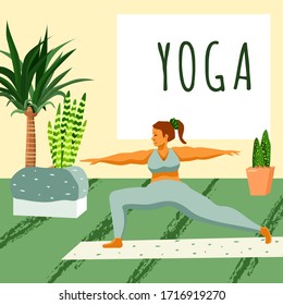 Girl doing yoga on green backdrop. Body positive woman for web template, landing page, card or cloth print, healthy lifestyle blog. Fitness courses or club logo. Flat style stock vector illustration