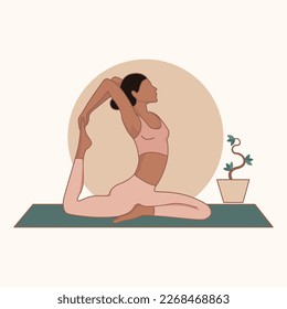 The girl is doing yoga on a karemat against the backdrop of the sun. Vector flat illustration