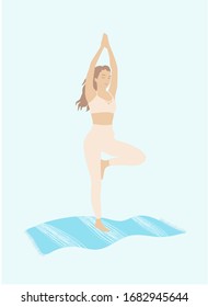 Girl doing yoga on the mat. Meditates at home - quarantine leisure home activities, coronavirus COVID-19 concept. Practice of yoga. Vector illustration in flat style. Young woman meditating