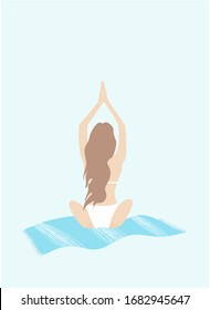 Girl doing yoga on the mat. Meditates at home - quarantine leisure home activities, coronavirus COVID-19 concept. Practice of yoga. Vector illustration in flat style. Young woman meditating