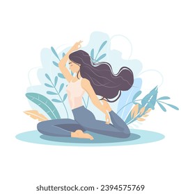 A girl doing yoga on a mat. Illustration of calm and meditation. Healthy lifestyle concept