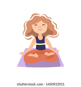 Girl doing yoga on yoga matt, in lotos pose. Little girl in lotos posture, yoga exersise, vector cartoon illustration