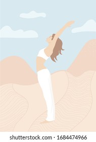 Girl doing yoga on the nature. Vector illustration in flat style. Young woman meditating flat design poster