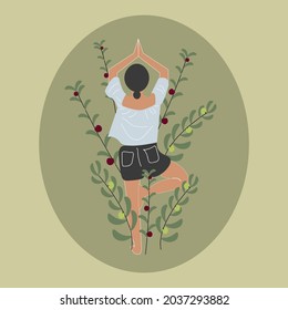 A girl doing Yoga with ornament floral.Vintage style vector ilustration.