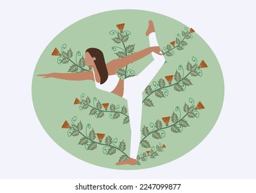 A girl doing Yoga with ornament floral.Vintage style vector ilustration.
