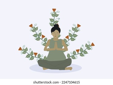 A girl doing Yoga with ornament floral.Vintage style vector ilustration