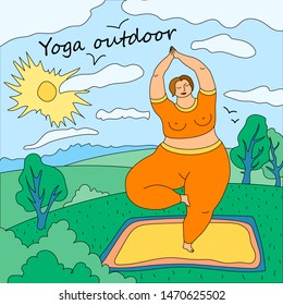 Girl doing yoga outdoor. Sport, body positive. Yoga poses. Vector illustration