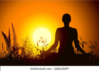 Girl doing yoga outdoors at sunset. Vector