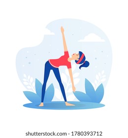 Girl Doing Yoga Outdoors, Young Woman Practicing Asana During Morning Physical Workout Flat Vector Illustration