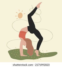 The girl is doing yoga in the park. Yoga trainer. Sport. Healthy lifestyle. Vector illustration.