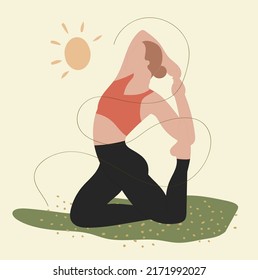 The girl is doing yoga in the park. Yoga trainer. Sport. Healthy lifestyle. Vector illustration.