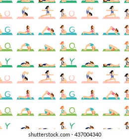Girl doing yoga pattern, backgrounds and textures. Asana baby yoga. Kids yoga vector pattern. Colored mats for yoga. Yoga for women. Happy and healthy people. The fun of sports and yoga