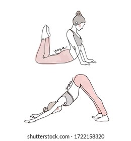 
Girl doing yoga. Performs asanas. Healthy lifestyle. Linear vector drawing.