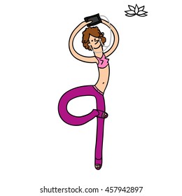 girl doing yoga with phone. Vector illustration