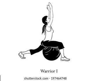 Girl doing yoga pose called Warrior. Yoga with ball. Sport with ball. Vector