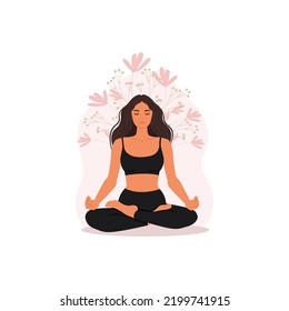 Girl doing yoga, Yoga pose of female characters. Meditation exercises in the lotus position. Vector illustration.