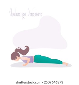 Girl doing yoga pose, Low Plank pose or Chaturanga Dandasana asana in hatha yoga, fitness female character, flat vector illustration in trendy style