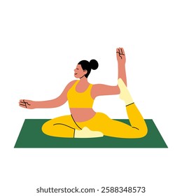 Girl doing yoga pose on mat. A modern flat-style illustration. Ideal for wellness blogs, fitness apps, meditation websites, and social media graphics.