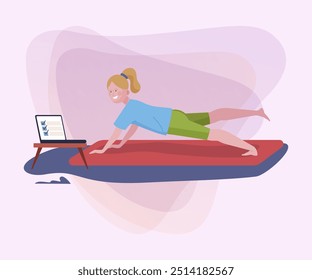 Girl doing yoga practice and using laptop at home. Meditation, technology, leisure flat vector illustration. Wireless internet, sport concept for banner or website design