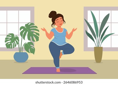 Girl doing yoga in room. Young woman standing on one leg in relaxation meditation pose on mat with eyes closed