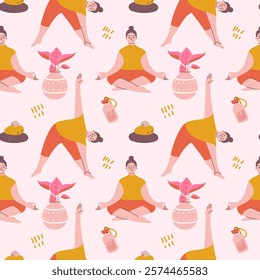 Girl doing yoga seamless pattern