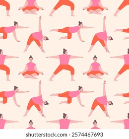 Girl doing yoga seamless pattern on light background