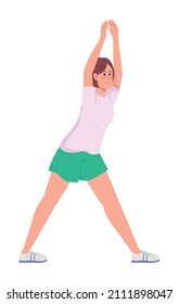Girl doing yoga semi flat color vector character. Stretching figure. Full body person on white. Exercise and workout isolated modern cartoon style illustration for graphic design and animation