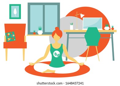 girl doing yoga sitting in lotus position at home. The girl meditates. Modern flat design concept of yoga. Bright vector illustration isolated on white background.