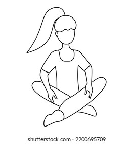 The girl is doing yoga. Sketch. Vector illustration. The athlete sits in a lotus position, legs crossed. Coloring book for children. Doodle style. Outline on isolated background.