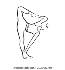 girl doing yoga. sport. gymnastics. black and white sketches. Stretching. morning work-out. outline illustration. stand on one leg